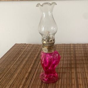 Vintage Pink Glass Oil Kerosene Lamp Fish Design Clear Top Medium Sized 8 Inches